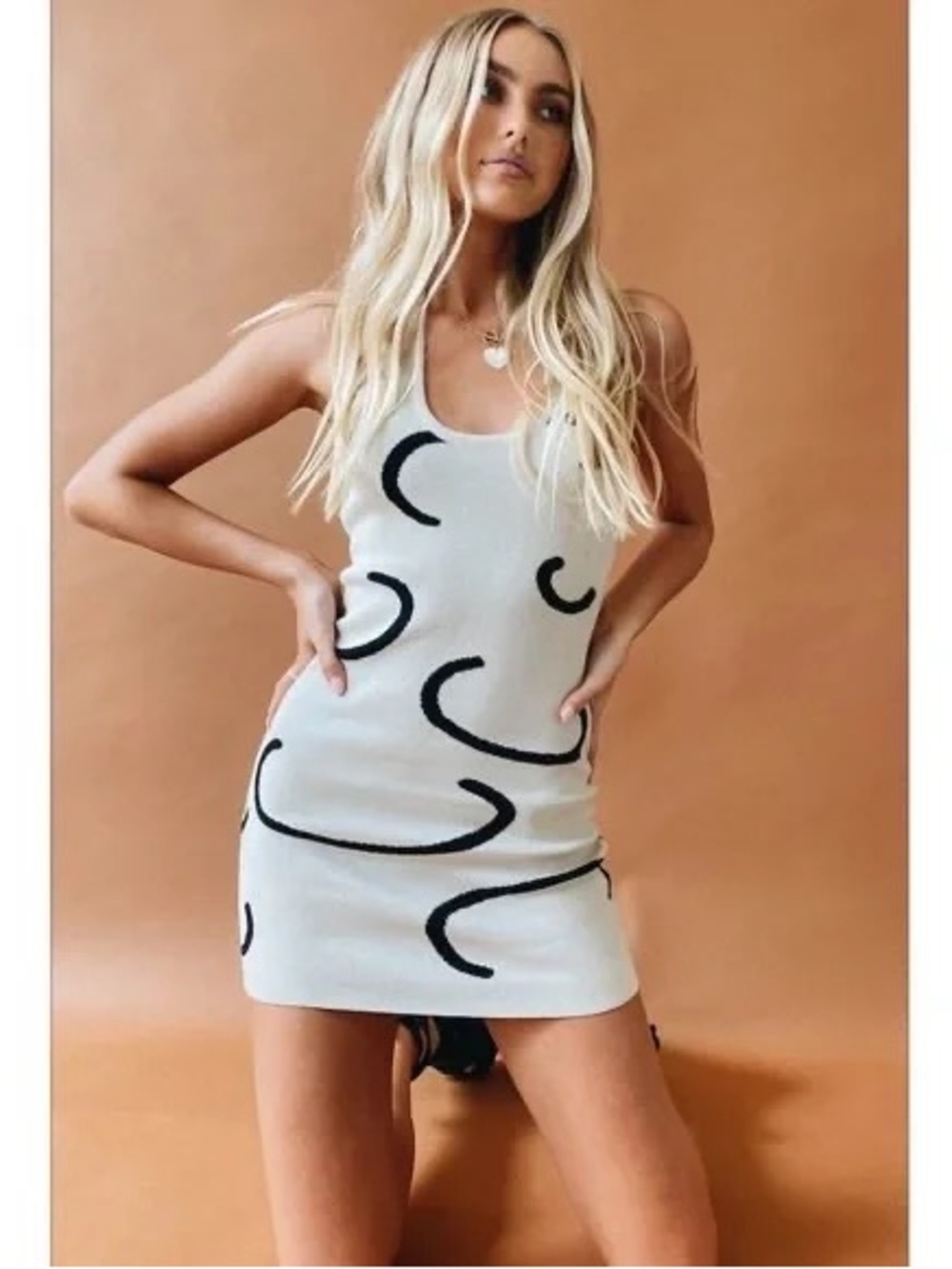 VRG GRL Beige Knit Halter Mini Dress with Black Abstract Swirls